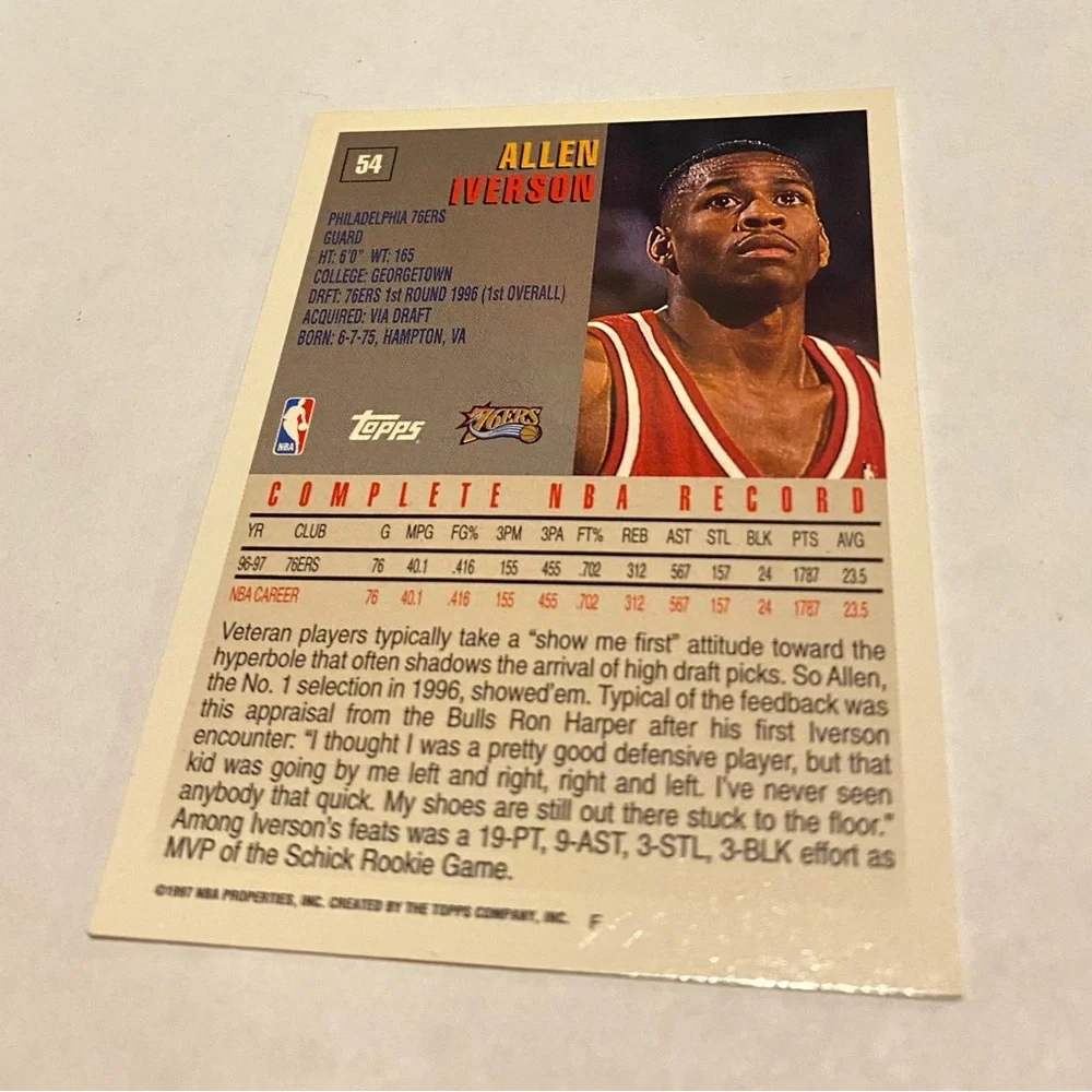 Allen Iverson 1997 Topps Basketball Card # 54 Vintage Collectible